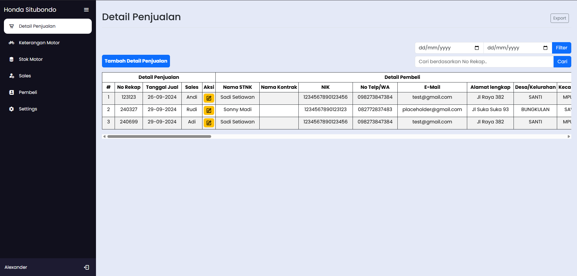 Honda Situbondo Internal Website